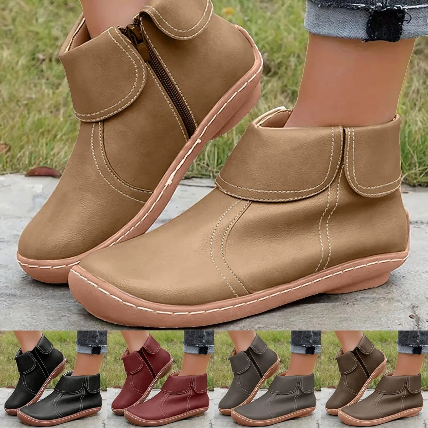 Ankle Boots for Women Fall Boots Women Round Toe Comfortable Side Zipper Flat Casual Walking Shoes Women Short Boots