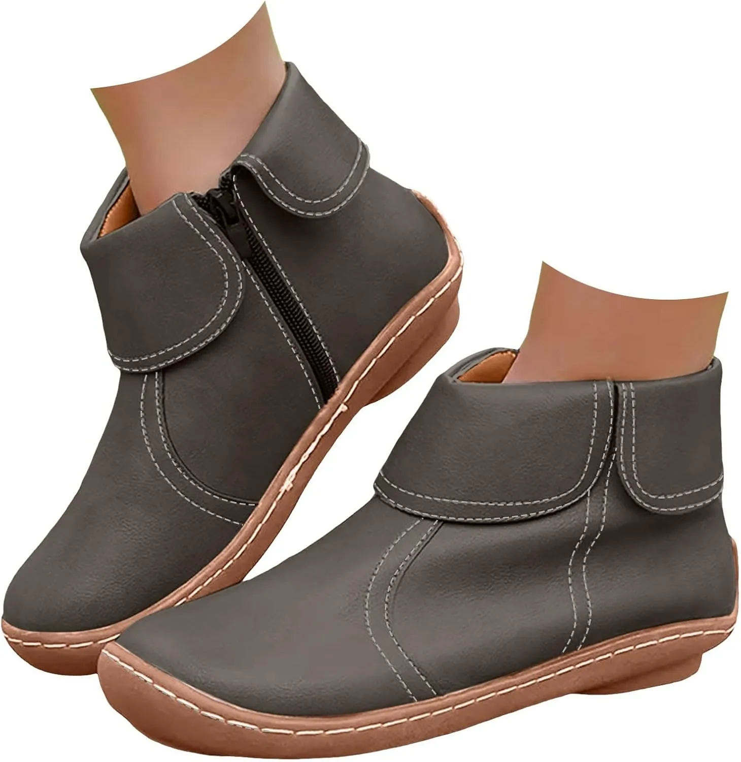 Ankle Boots for Women Fall Boots Women Round Toe Comfortable Side Zipper Flat Casual Walking Shoes Women Short Boots