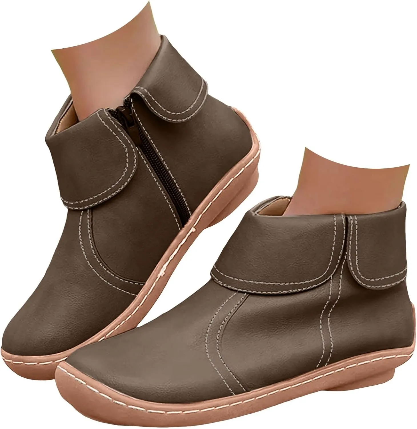 Ankle Boots for Women Fall Boots Women Round Toe Comfortable Side Zipper Flat Casual Walking Shoes Women Short Boots