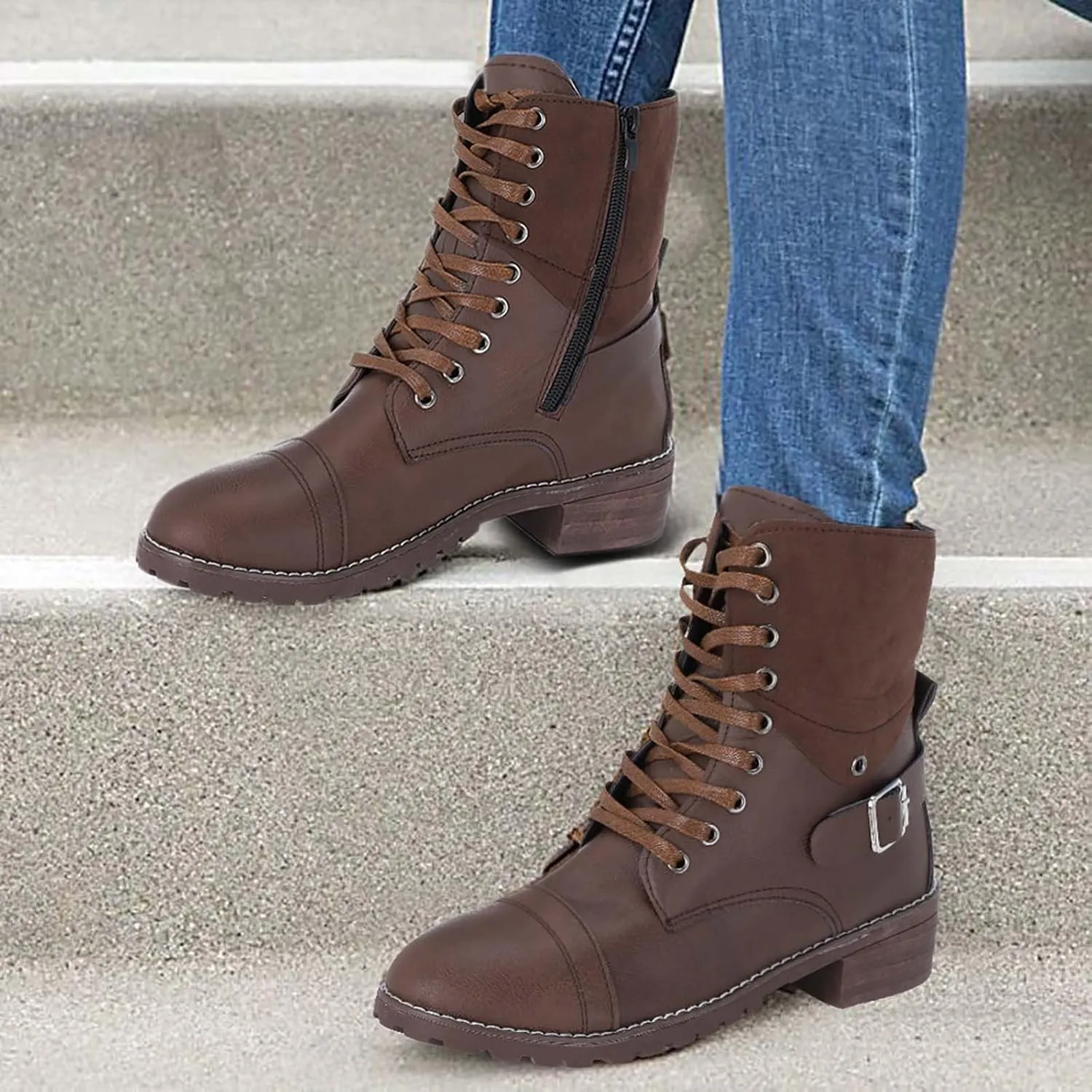 Ankle Boots for Women Leather Combat Boots for Women Fashionable Leather Lace up Pointed Toe Rubber Sole Outdoor Boot