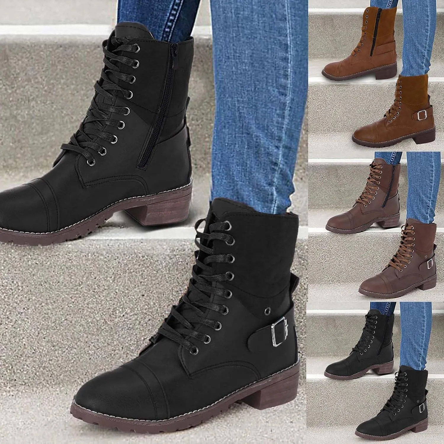 Ankle Boots for Women Leather Combat Boots for Women Fashionable Leather Lace up Pointed Toe Rubber Sole Outdoor Boot