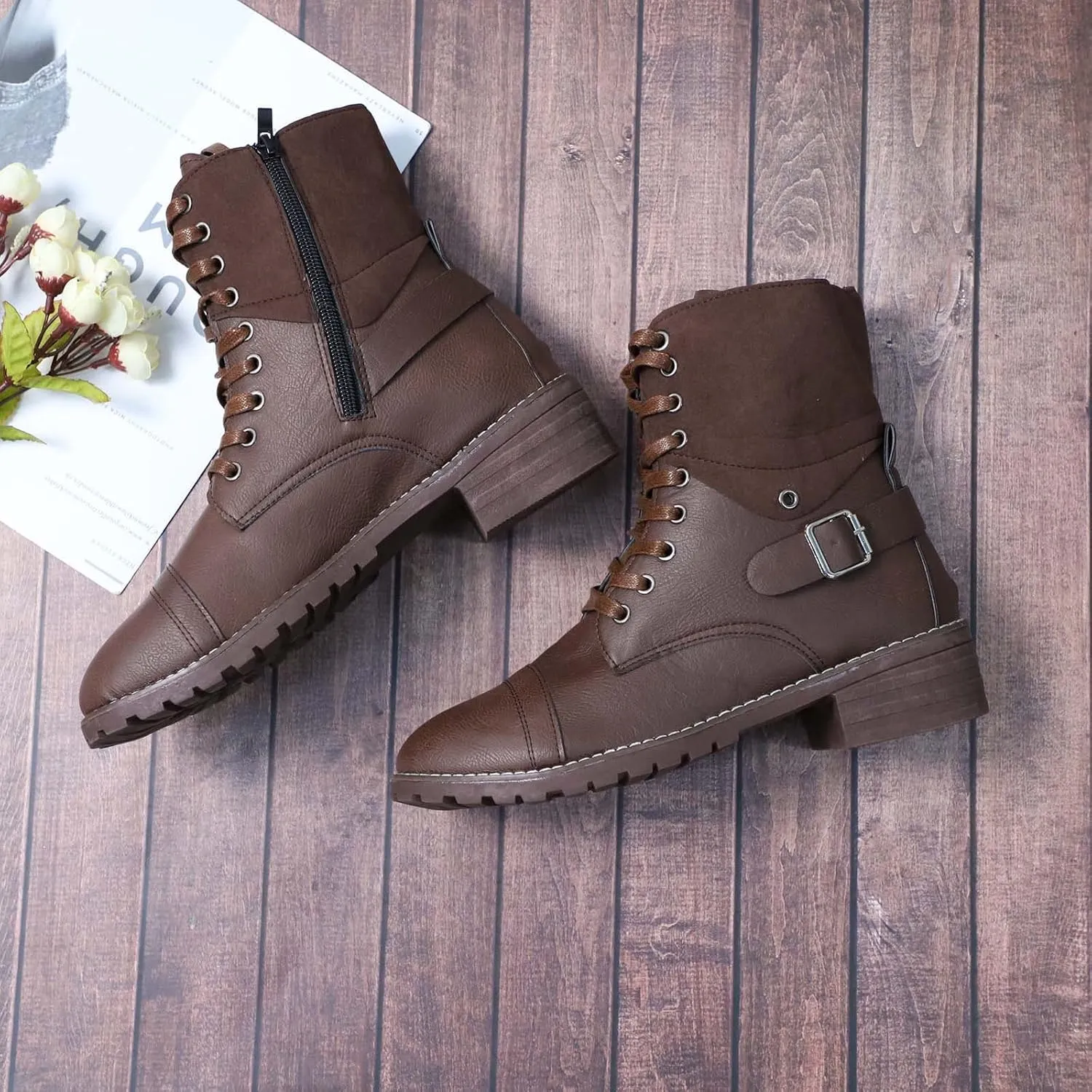 Ankle Boots for Women Leather Combat Boots for Women Fashionable Leather Lace up Pointed Toe Rubber Sole Outdoor Boot