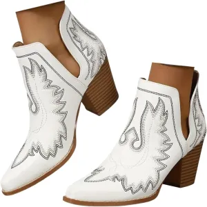Ankle Boots for Women Low Heel Chunky Boots for Women Women Pointed Toe Block Heel Pull On V Cut Embroidered Boots