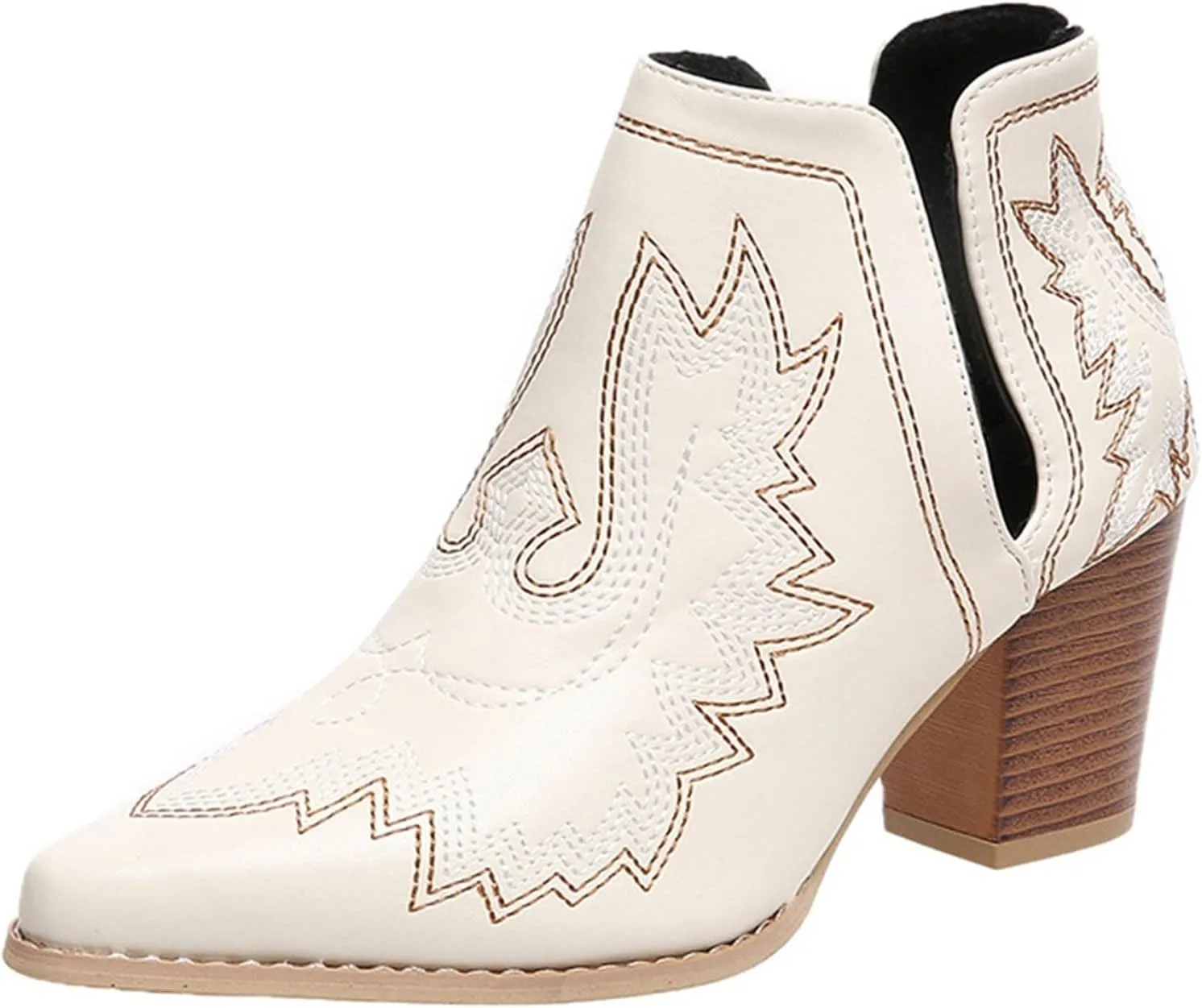 Ankle Boots for Women Low Heel Chunky Boots for Women Women Pointed Toe Block Heel Pull On V Cut Embroidered Boots