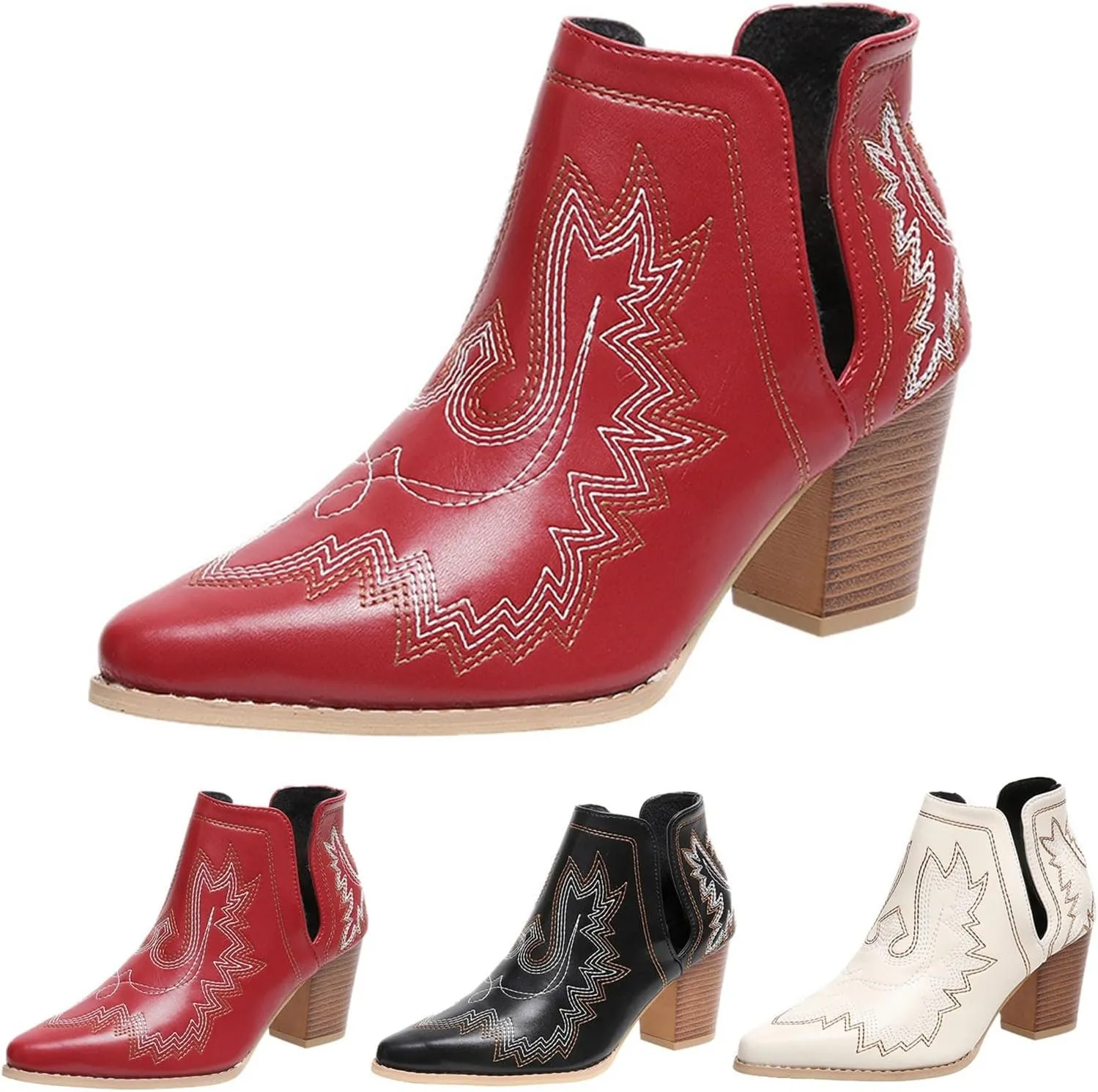 Ankle Boots for Women Low Heel Chunky Boots for Women Women Pointed Toe Block Heel Pull On V Cut Embroidered Boots