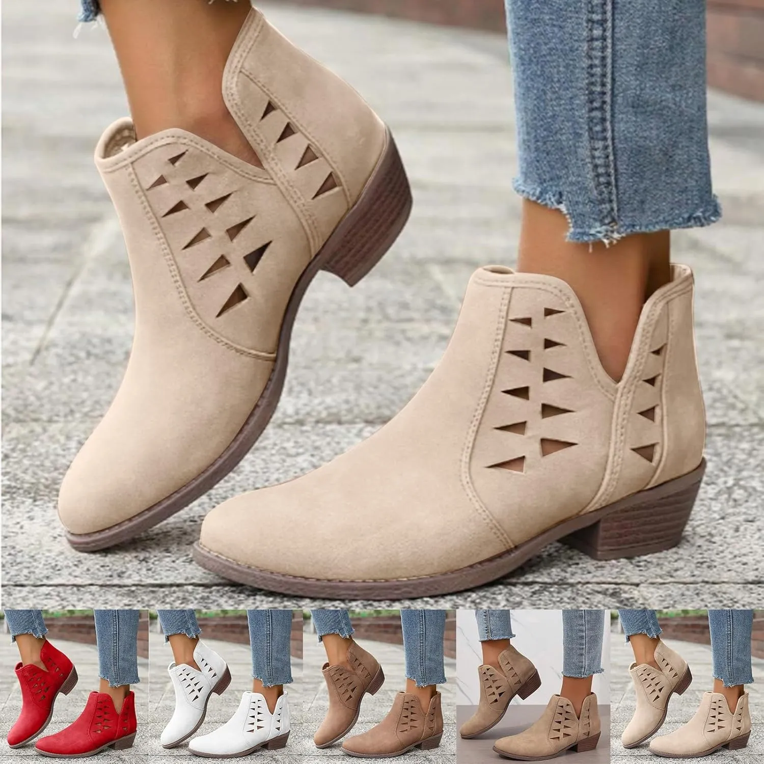 Ankle Boots for Women Low Heel Chunky Heel Boots Casual Fashion Pointed Toe Chunky Heels V Cut Comfy Boots for Women
