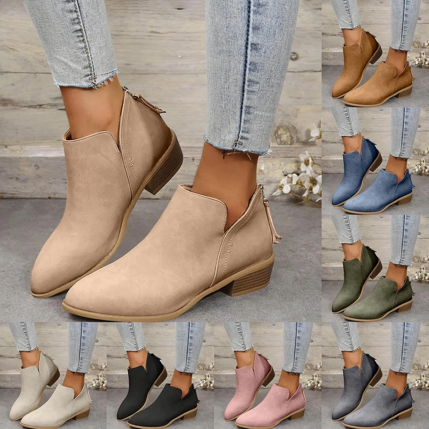 Ankle Boots for Women Riding Boots for Women Fashion British Style Pointed Toe Block Heels Pull on Boots for Women