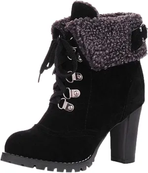 Bcshiye Women Winter Snow Boots Cold Weather with Fur Warm Outdoor Lace up Boots Chunky High Heel Ankle Booties Shoes