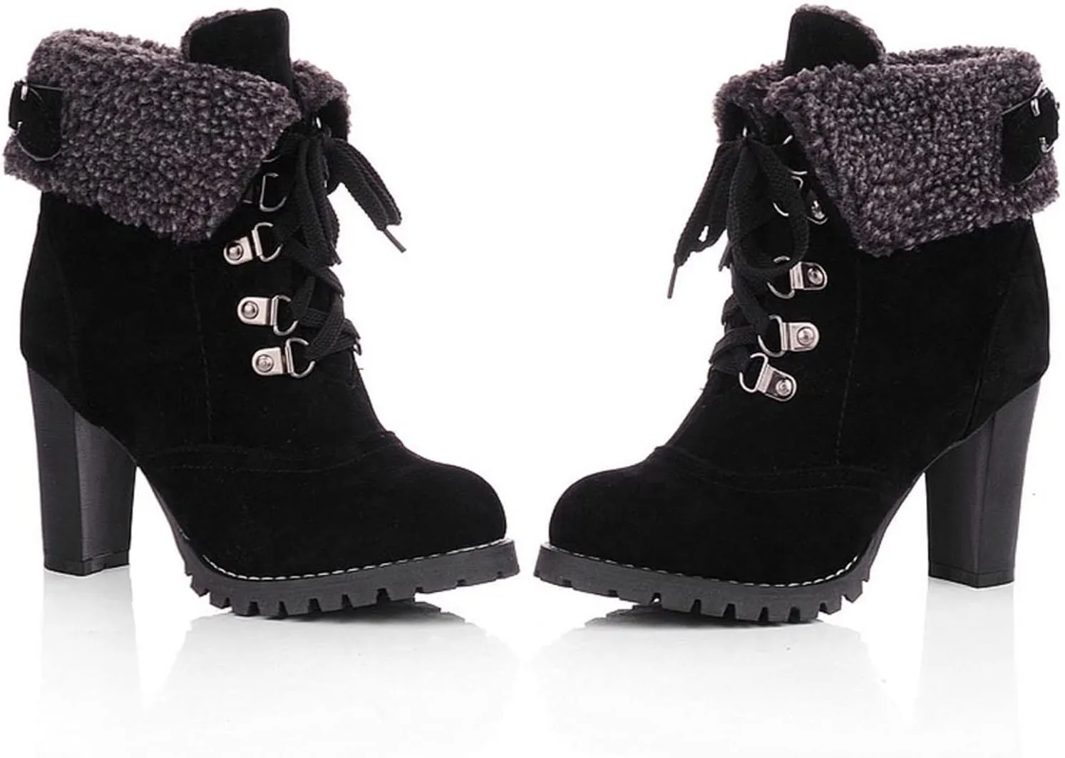 Bcshiye Women Winter Snow Boots Cold Weather with Fur Warm Outdoor Lace up Boots Chunky High Heel Ankle Booties Shoes