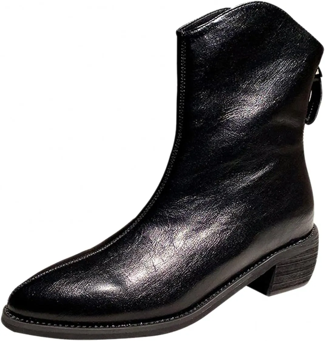 Bcshiye Women's Ankle Boots Shoes Pointed Toe Slip-on Low Chuncky Heeled Western Chelsea Booties Winter Short Booties