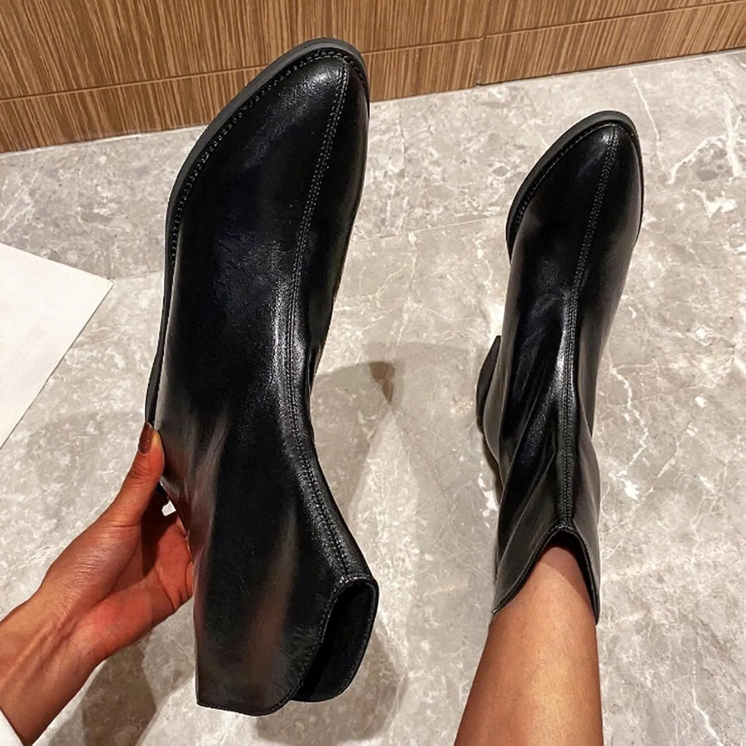 Bcshiye Women's Ankle Boots Shoes Pointed Toe Slip-on Low Chuncky Heeled Western Chelsea Booties Winter Short Booties