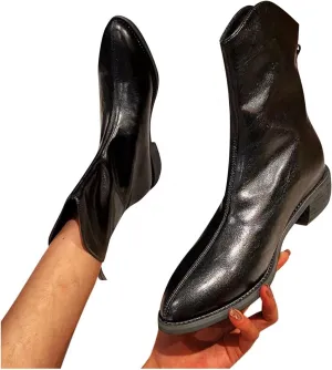 Bcshiye Women's Ankle Boots Shoes Pointed Toe Slip-on Low Chuncky Heeled Western Chelsea Booties Winter Short Booties