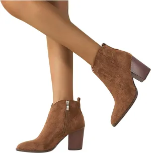 Bcshiye Womens Pointed Toe Ankle Boots Mid Heel Block Stacked Chunky Heel Side Zipper Suede Winter Chelsea Bootie Shoes