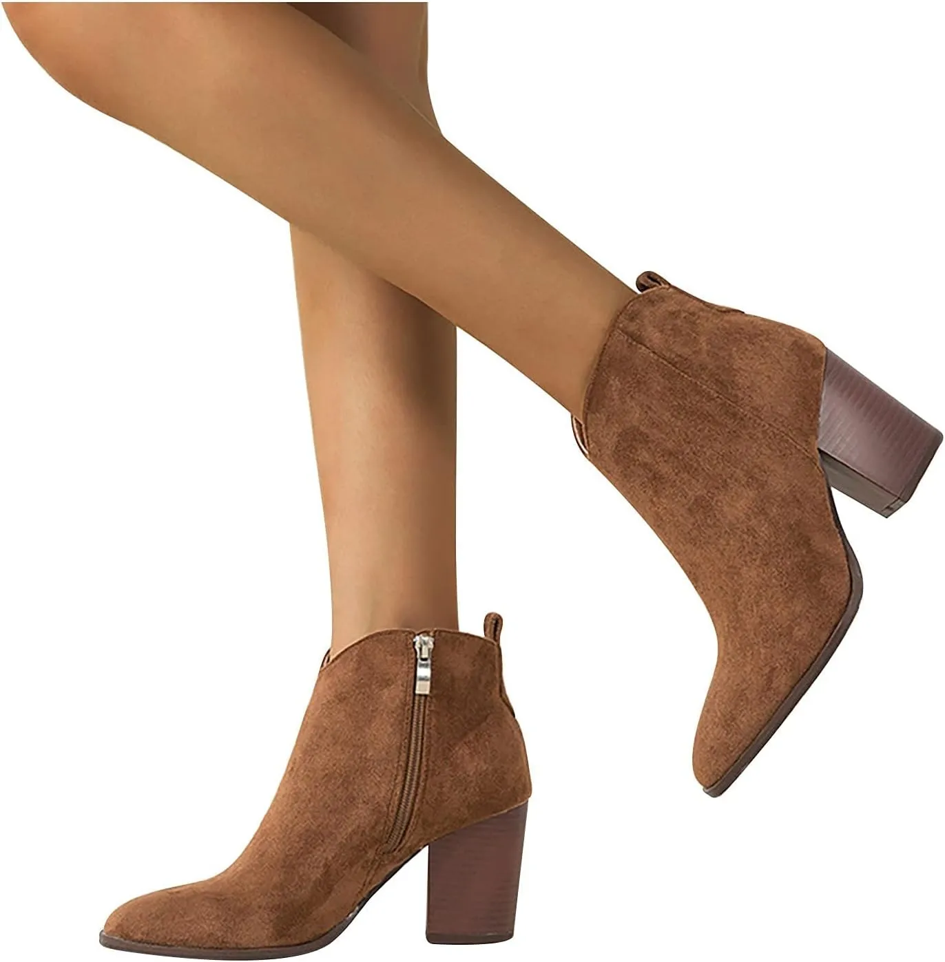 Bcshiye Womens Pointed Toe Ankle Boots Mid Heel Block Stacked Chunky Heel Side Zipper Suede Winter Chelsea Bootie Shoes