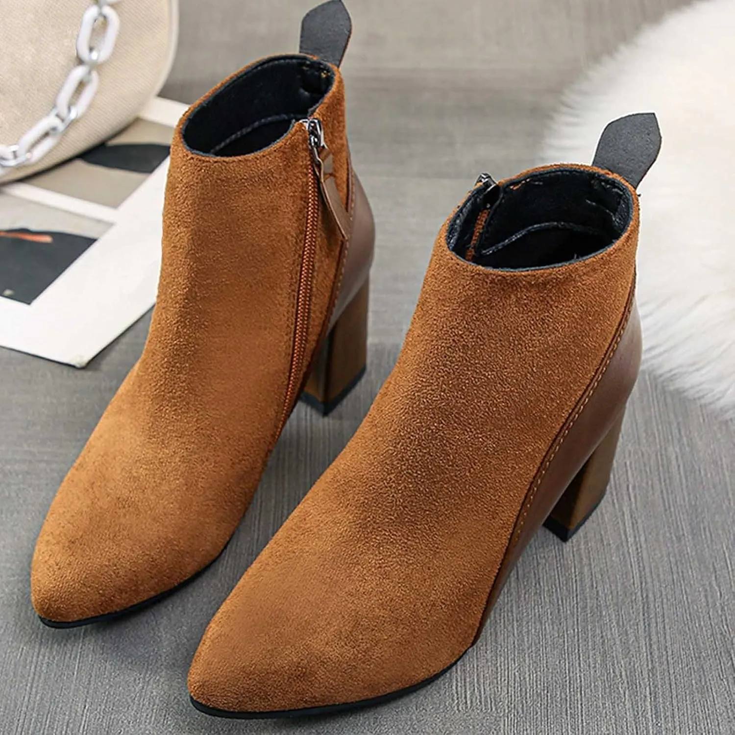 Boots for Women Chelsea Ankle Boots Fashion Low Chunky Block Heel Pointed Toe Fall Heeled Booties Shoes