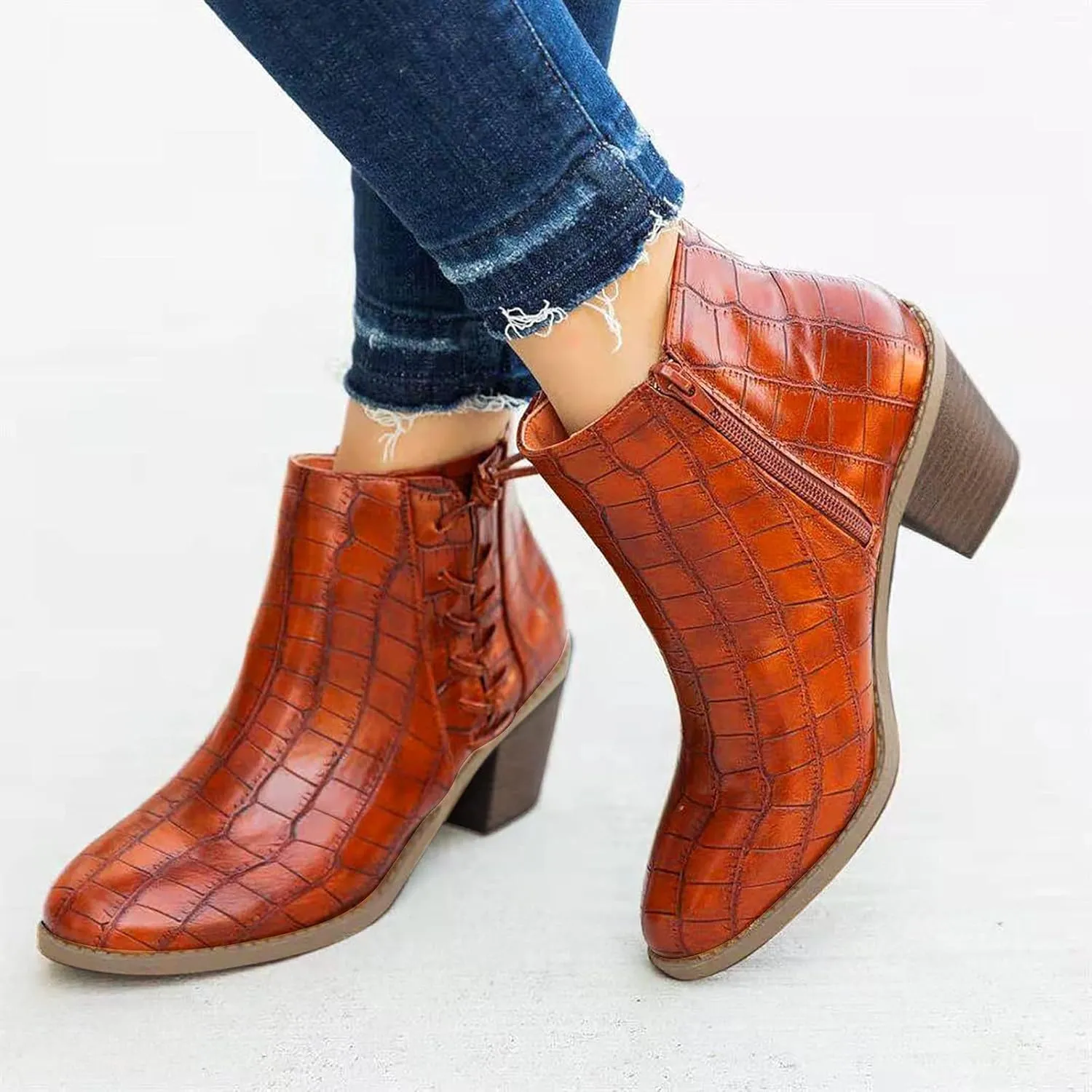 Boots for Women Chunky Stacked Heel Ankle Boots Almond ToeDressy Western Booties with Side Zipper