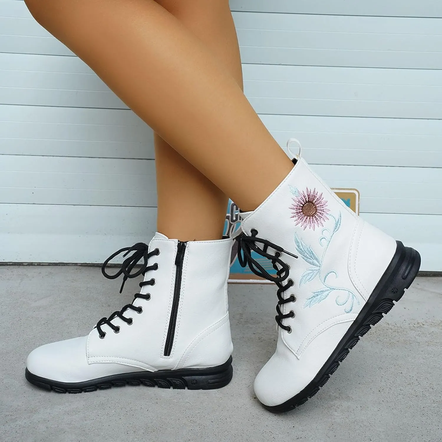 Boots for Women Flat Ankle Booties Casual Round Toe Combat Boot Floral Embroidered Lace Up with Side Zipper