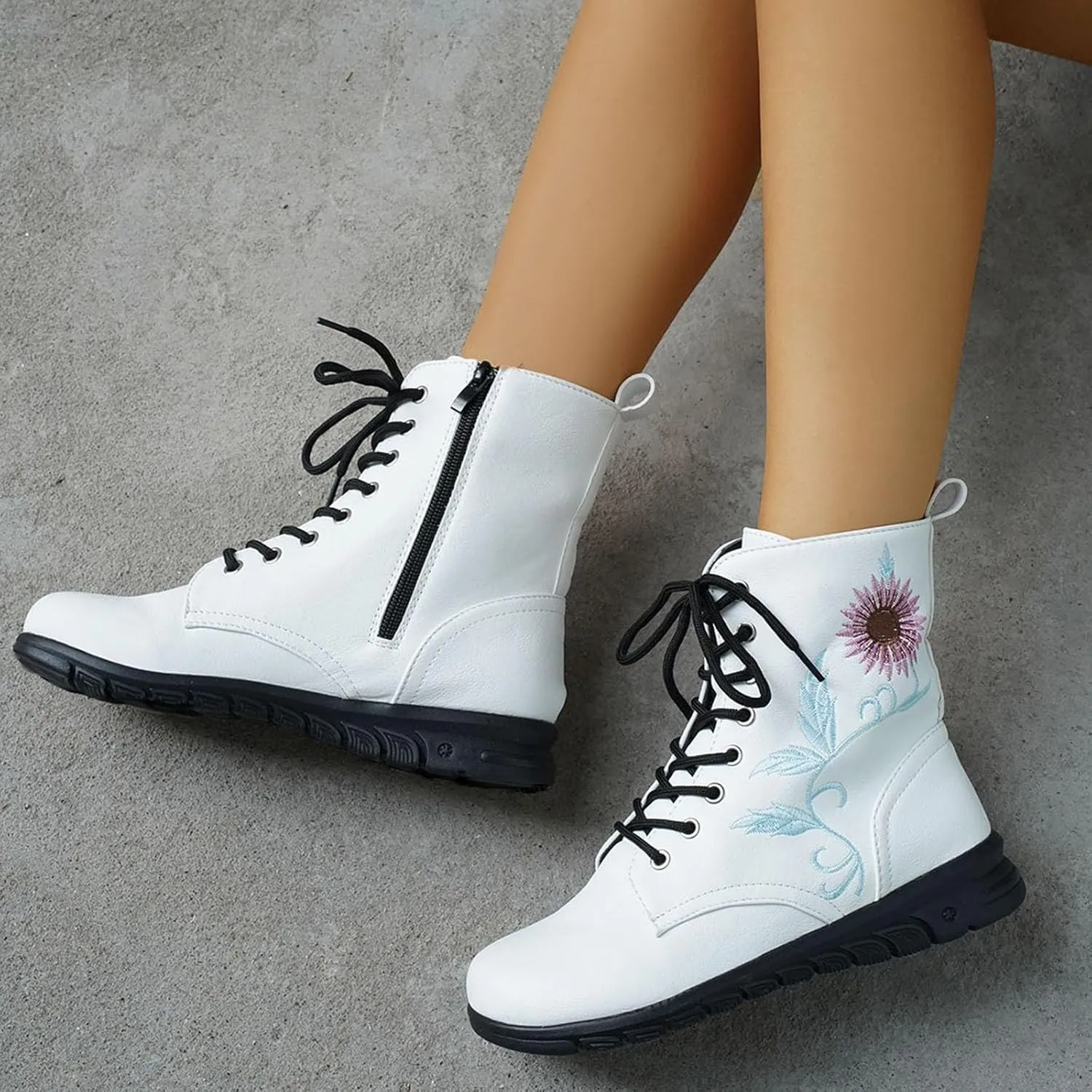 Boots for Women Flat Ankle Booties Casual Round Toe Combat Boot Floral Embroidered Lace Up with Side Zipper