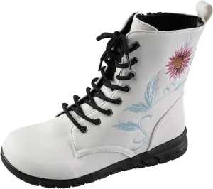 Boots for Women Flat Ankle Booties Casual Round Toe Combat Boot Floral Embroidered Lace Up with Side Zipper