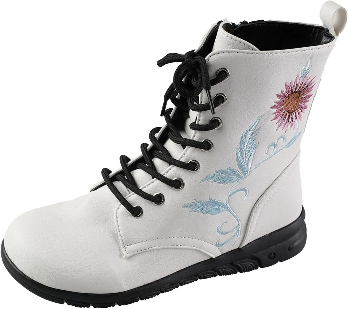 Boots for Women Flat Ankle Booties Casual Round Toe Combat Boot Floral Embroidered Lace Up with Side Zipper