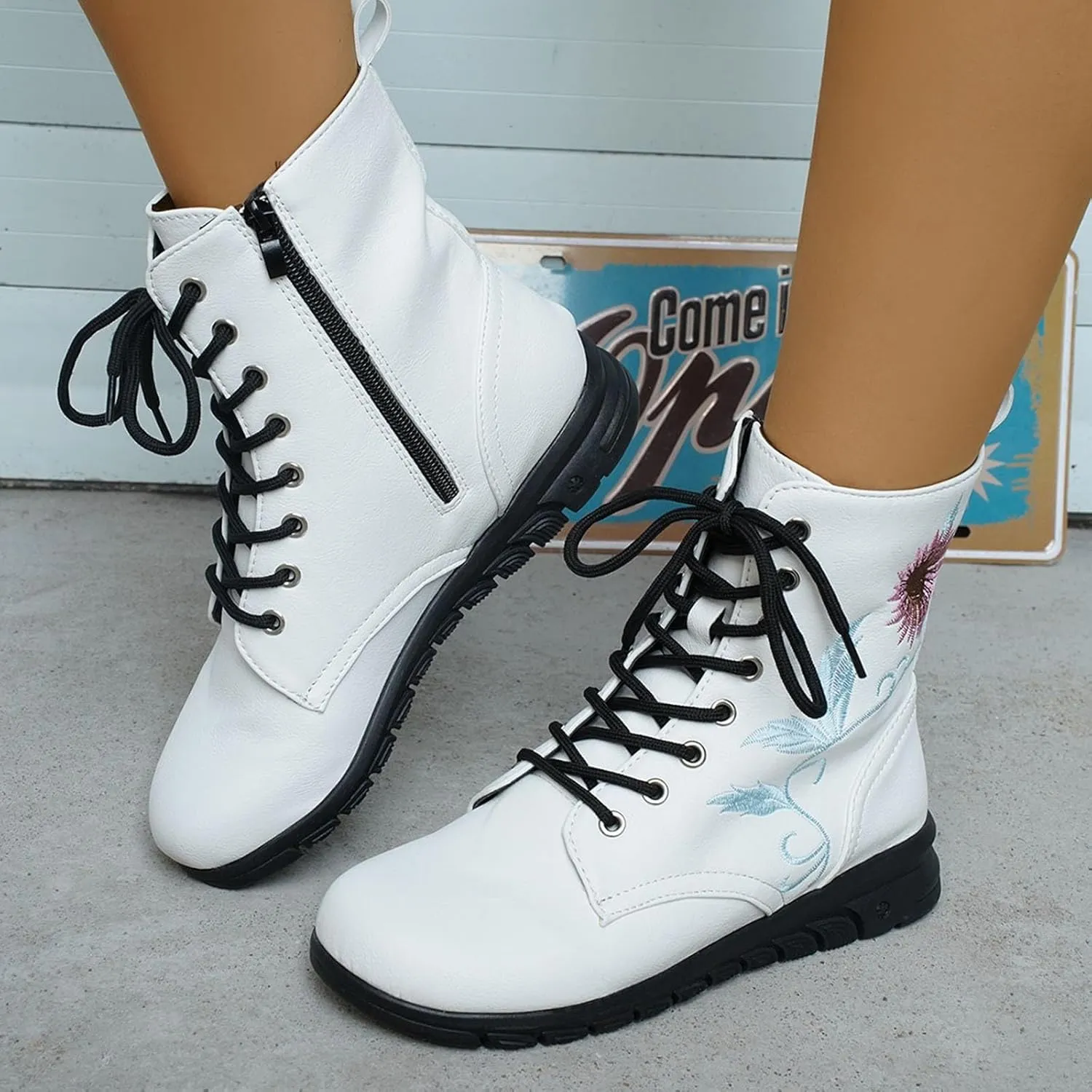 Boots for Women Flat Ankle Booties Casual Round Toe Combat Boot Floral Embroidered Lace Up with Side Zipper