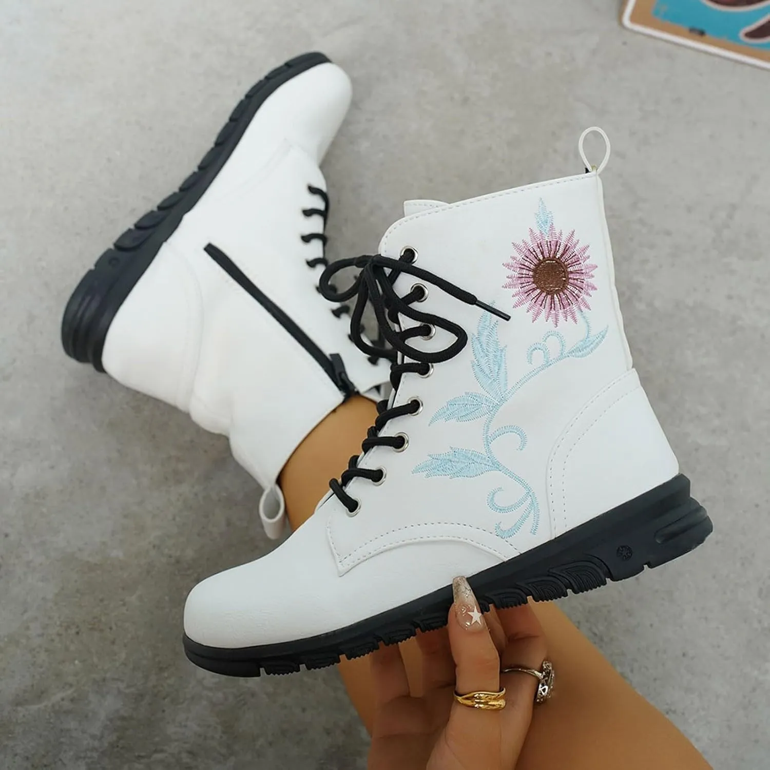 Boots for Women Flat Ankle Booties Casual Round Toe Combat Boot Floral Embroidered Lace Up with Side Zipper