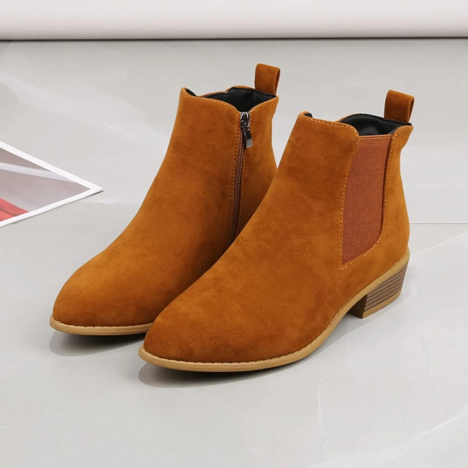 Boots for Women Flat Pointed Toe Women's Slip On Chelsea Ankle Boots Suede Ankle Boots Fall Boots 2024