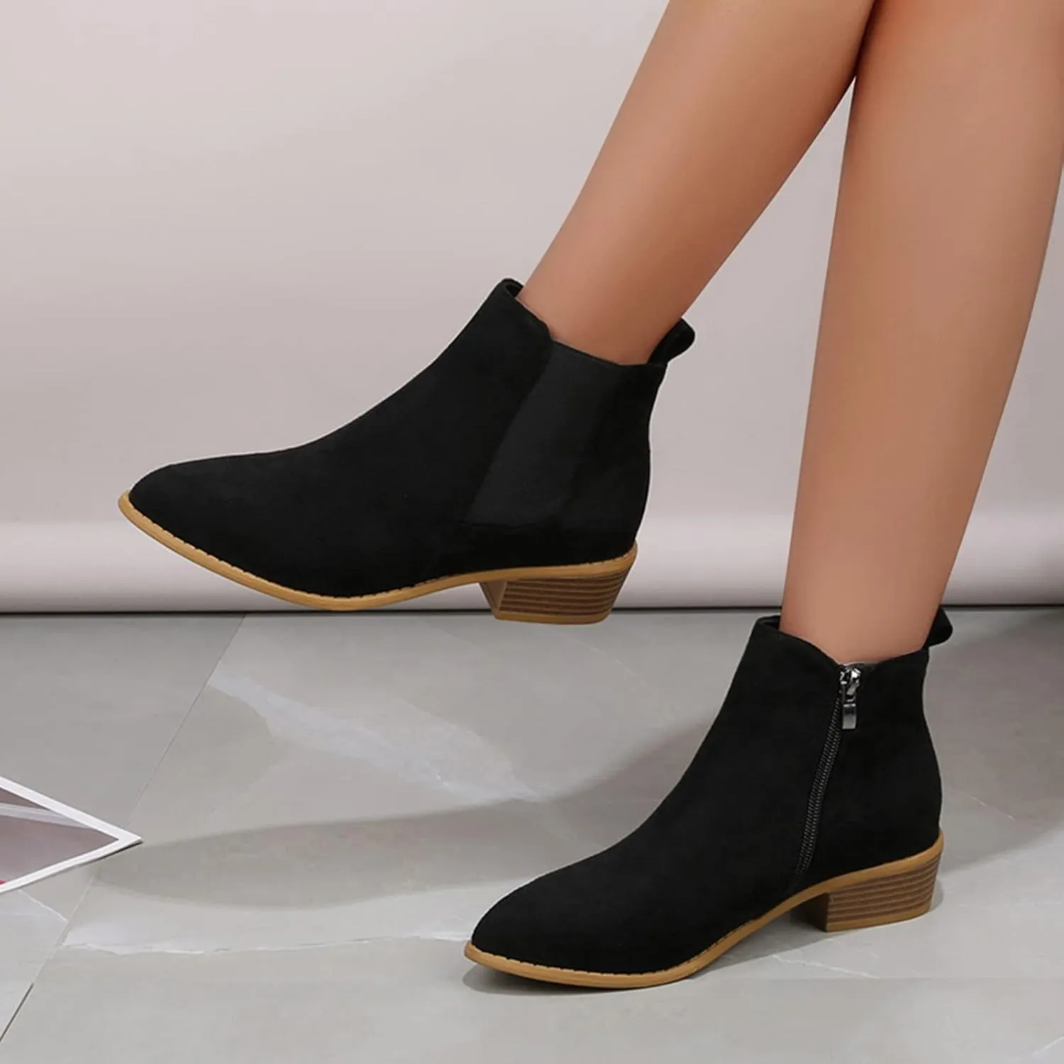 Boots for Women Flat Pointed Toe Women's Slip On Chelsea Ankle Boots Suede Ankle Boots Fall Boots 2024