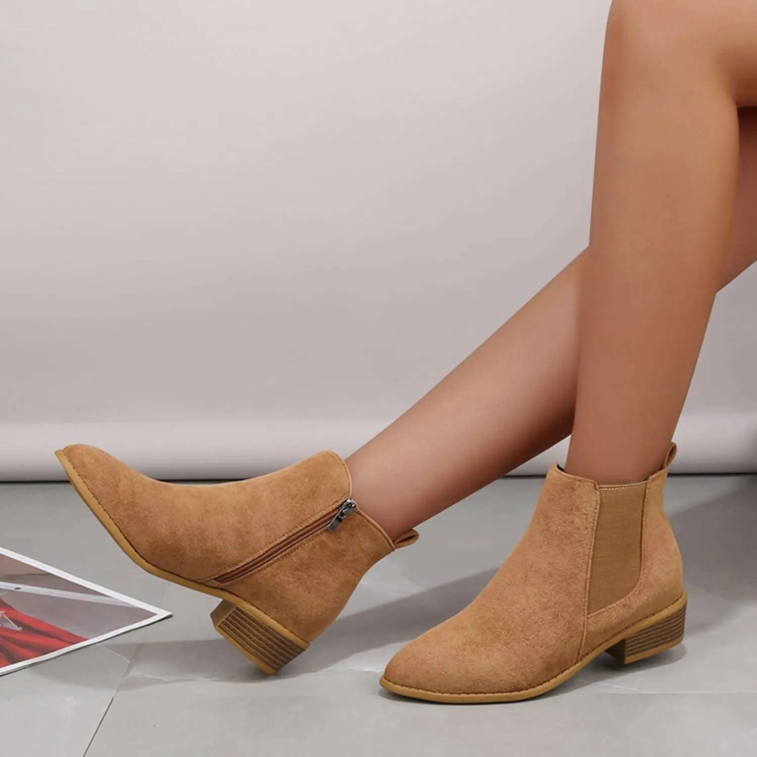 Boots for Women Flat Pointed Toe Women's Slip On Chelsea Ankle Boots Suede Ankle Boots Fall Boots 2024