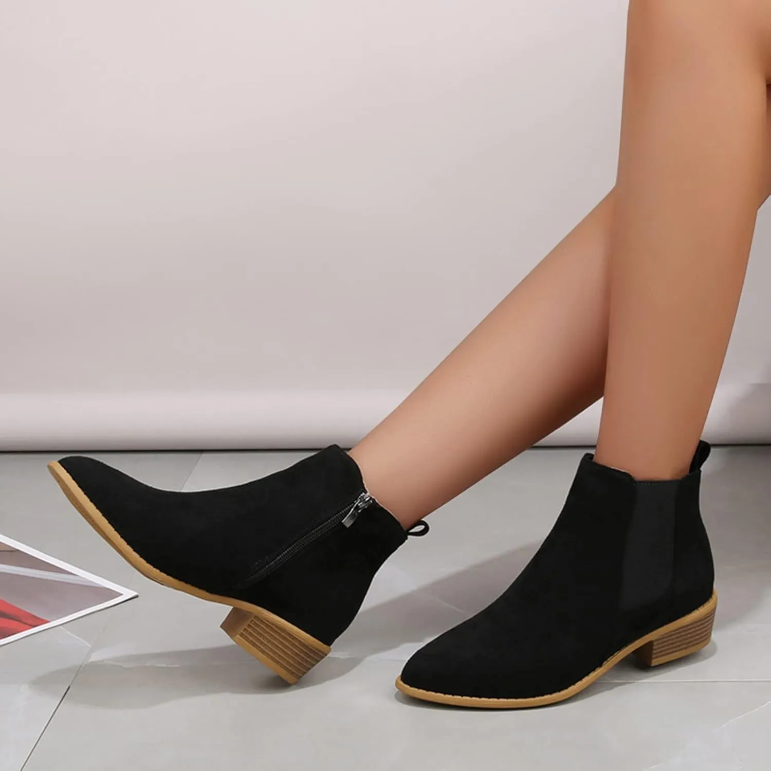 Boots for Women Flat Pointed Toe Women's Slip On Chelsea Ankle Boots Suede Ankle Boots Fall Boots 2024