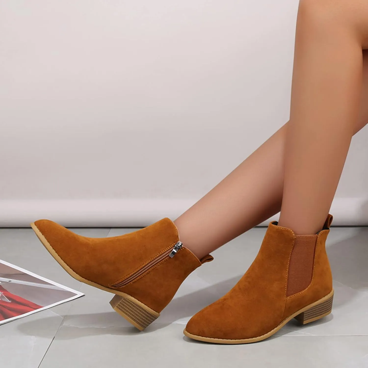 Boots for Women Flat Pointed Toe Women's Slip On Chelsea Ankle Boots Suede Ankle Boots Fall Boots 2024