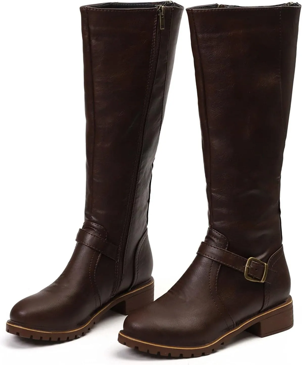 Boots for Women Knee High Combat Style Closed Toe Motorcycle Boots Classic Zipper Buckle Low Heel Shoes Retro Shoes 52