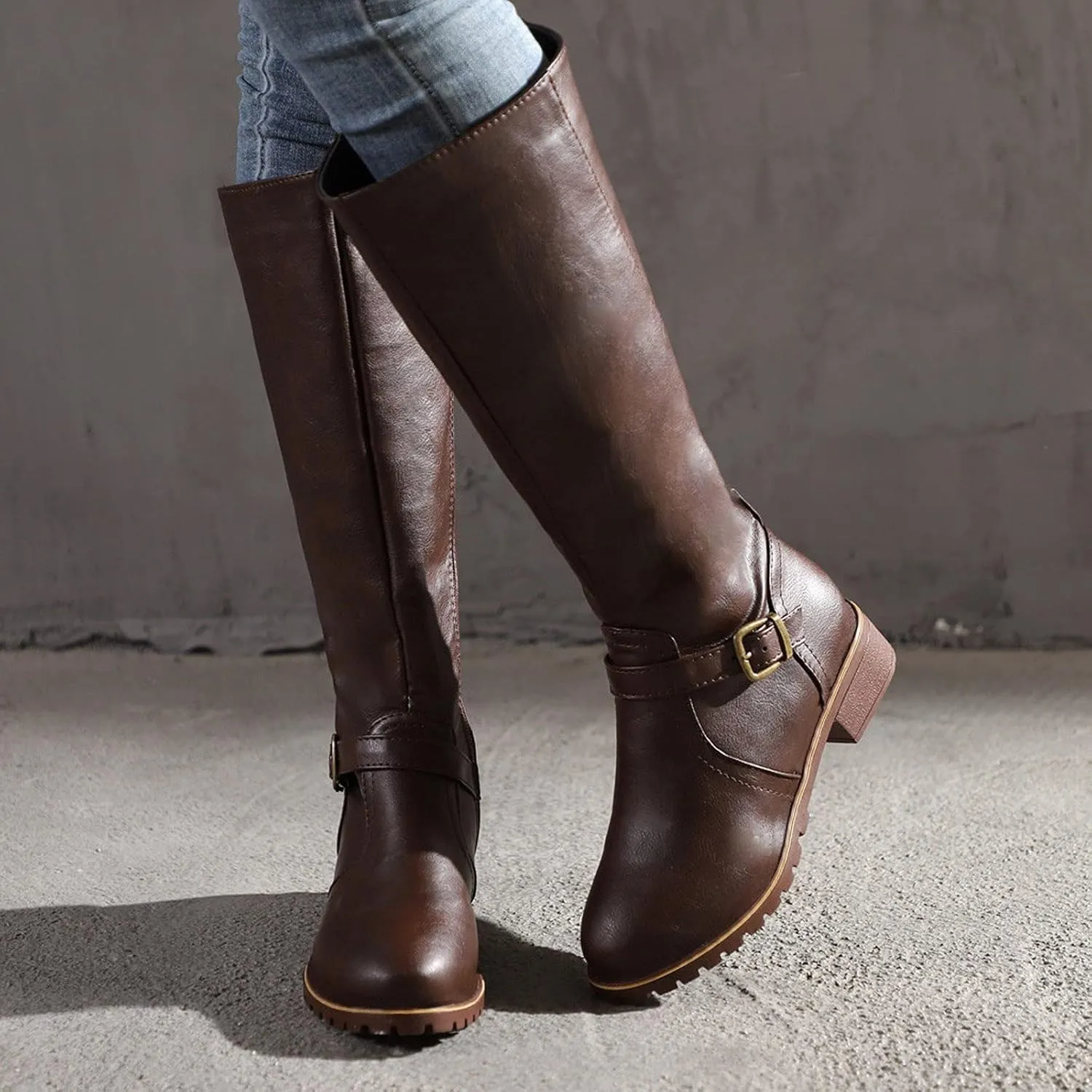Boots for Women Knee High Combat Style Closed Toe Motorcycle Boots Classic Zipper Buckle Low Heel Shoes Retro Shoes 52