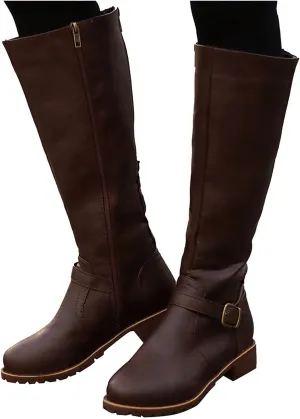 Boots for Women Knee High Combat Style Closed Toe Motorcycle Boots Classic Zipper Buckle Low Heel Shoes Retro Shoes 52