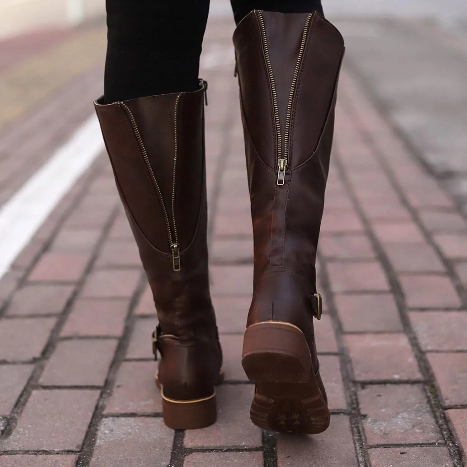 Boots for Women Knee High Combat Style Closed Toe Motorcycle Boots Classic Zipper Buckle Low Heel Shoes Retro Shoes 52