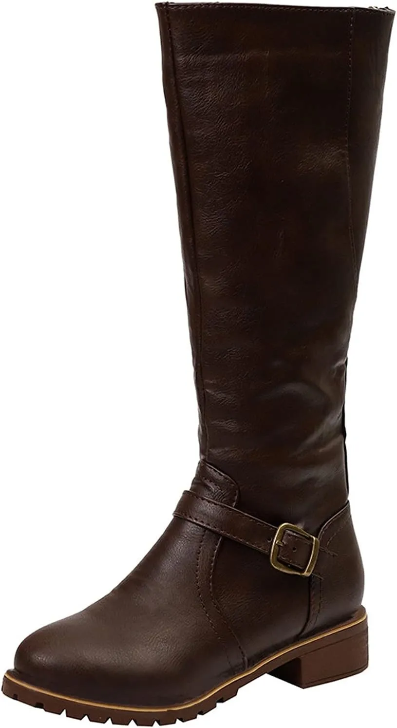 Boots for Women Knee High Combat Style Closed Toe Motorcycle Boots Classic Zipper Buckle Low Heel Shoes Retro Shoes 52