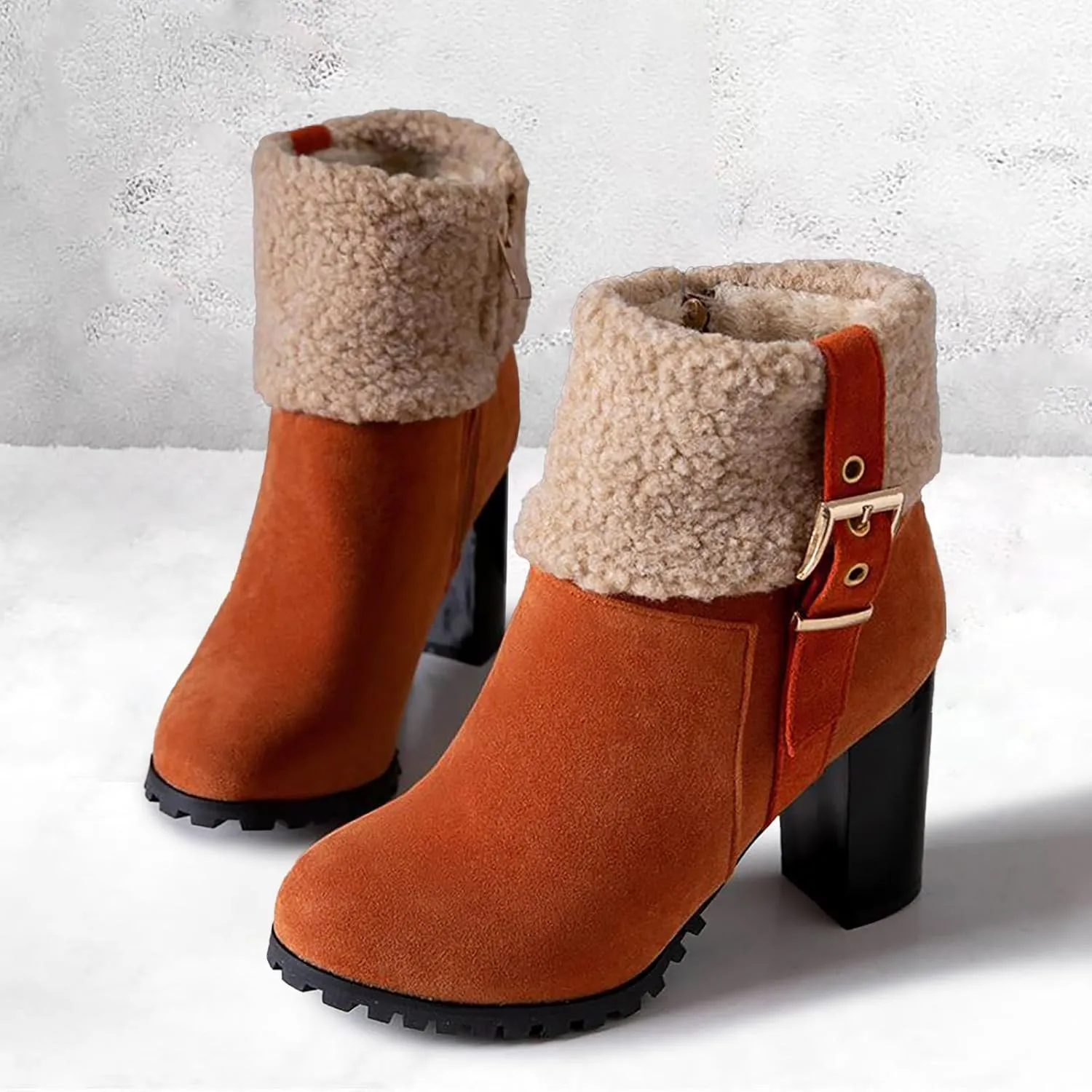 Boots for Women Platform Lug Sole Sherpa Lined Combat Ankle Boots High Chunky Heel Fashion Heeled Booties Shoes