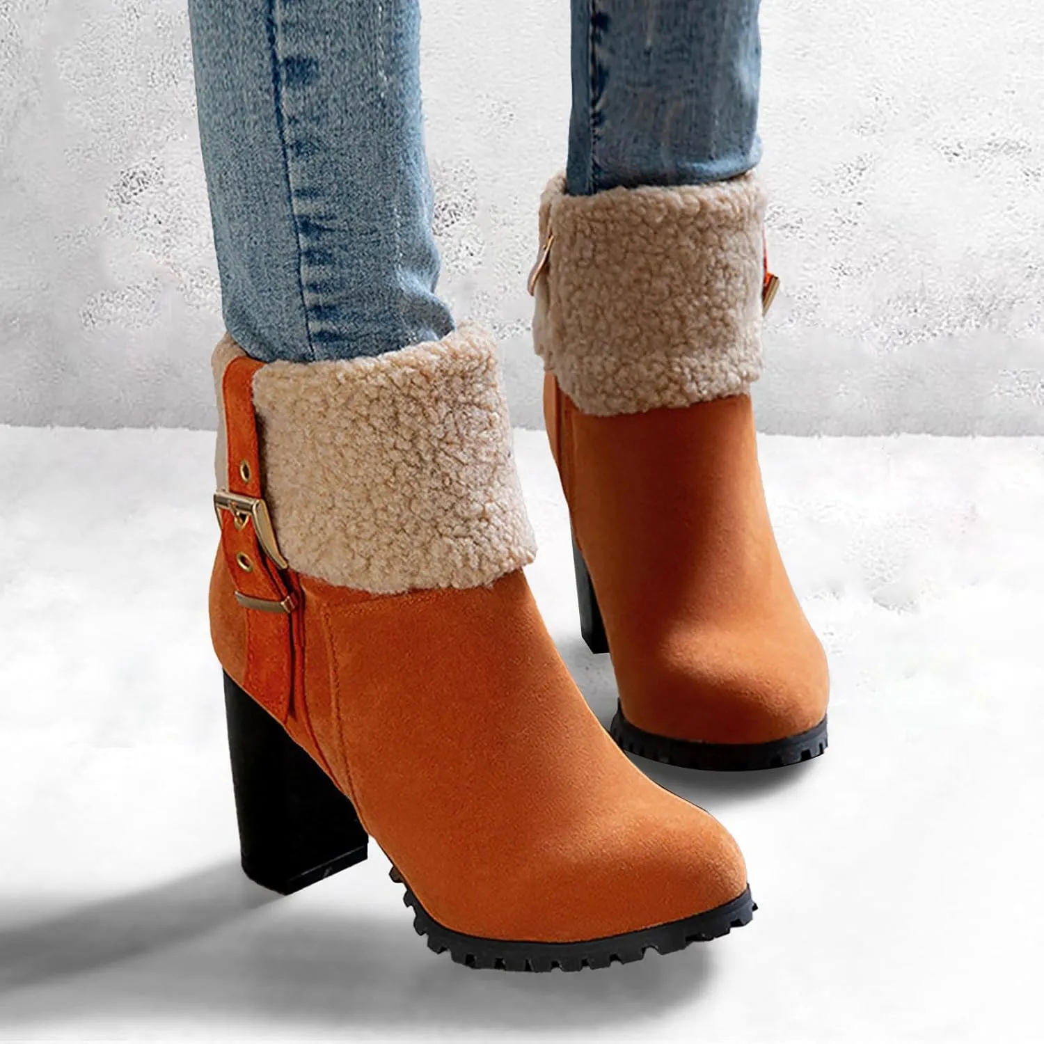 Boots for Women Platform Lug Sole Sherpa Lined Combat Ankle Boots High Chunky Heel Fashion Heeled Booties Shoes