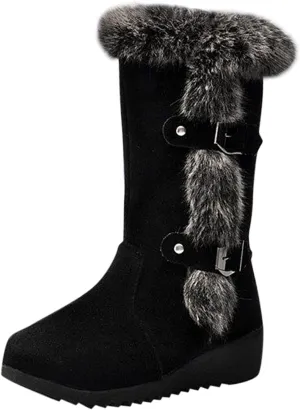 Boots For Women Plus Fleece Furry Snow Boots Cotton Wedge Mid-Calf Winter Ankle Short Bootie Warm Shoes