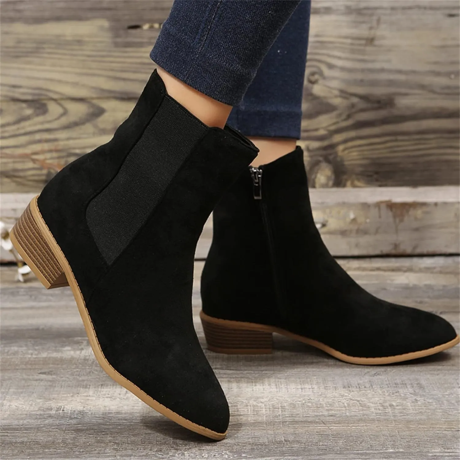 Boots for Women Retro Elastic Chelsea Ankle Boots Fashion Low Chunky Block Heel Pointed Toe Fall Booties