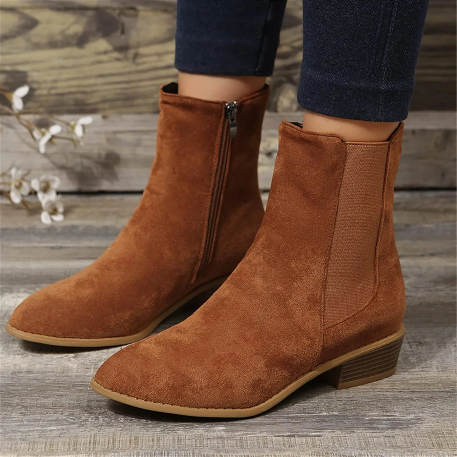 Boots for Women Retro Elastic Chelsea Ankle Boots Fashion Low Chunky Block Heel Pointed Toe Fall Booties