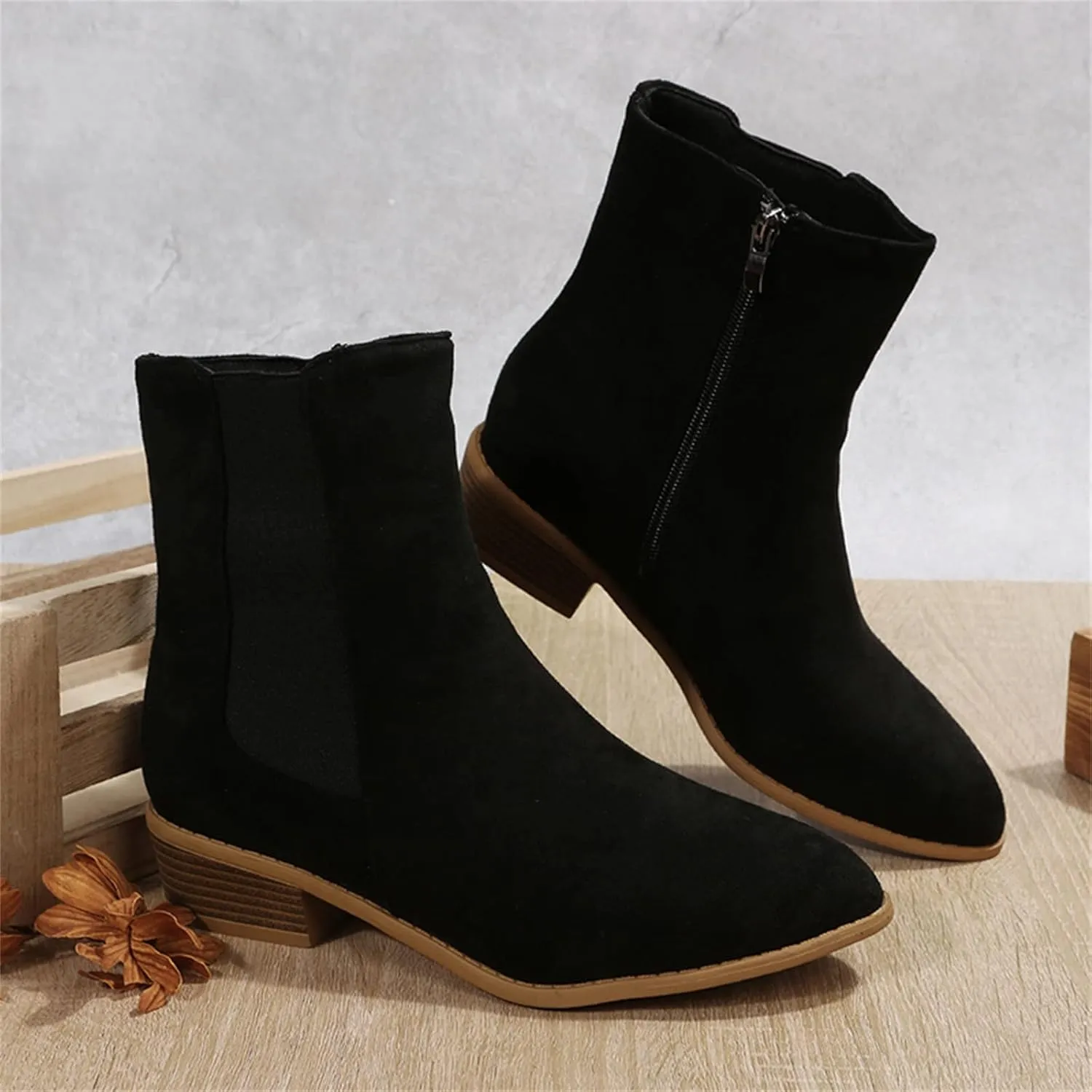 Boots for Women Retro Elastic Chelsea Ankle Boots Fashion Low Chunky Block Heel Pointed Toe Fall Booties