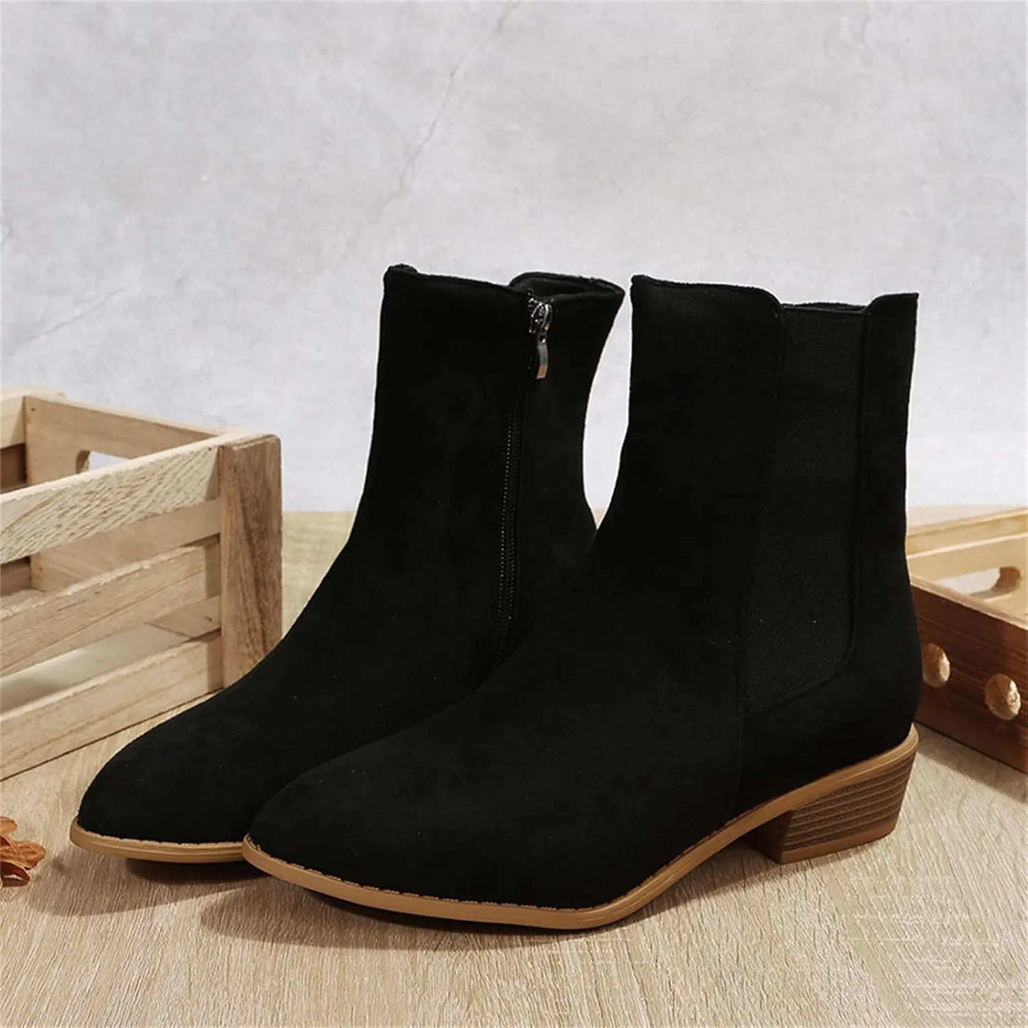 Boots for Women Retro Elastic Chelsea Ankle Boots Fashion Low Chunky Block Heel Pointed Toe Fall Booties