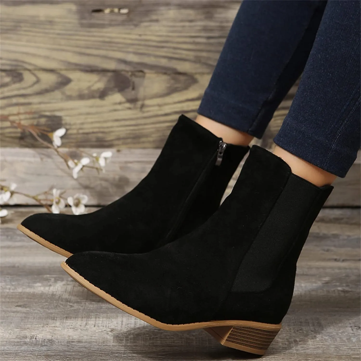 Boots for Women Retro Elastic Chelsea Ankle Boots Fashion Low Chunky Block Heel Pointed Toe Fall Booties