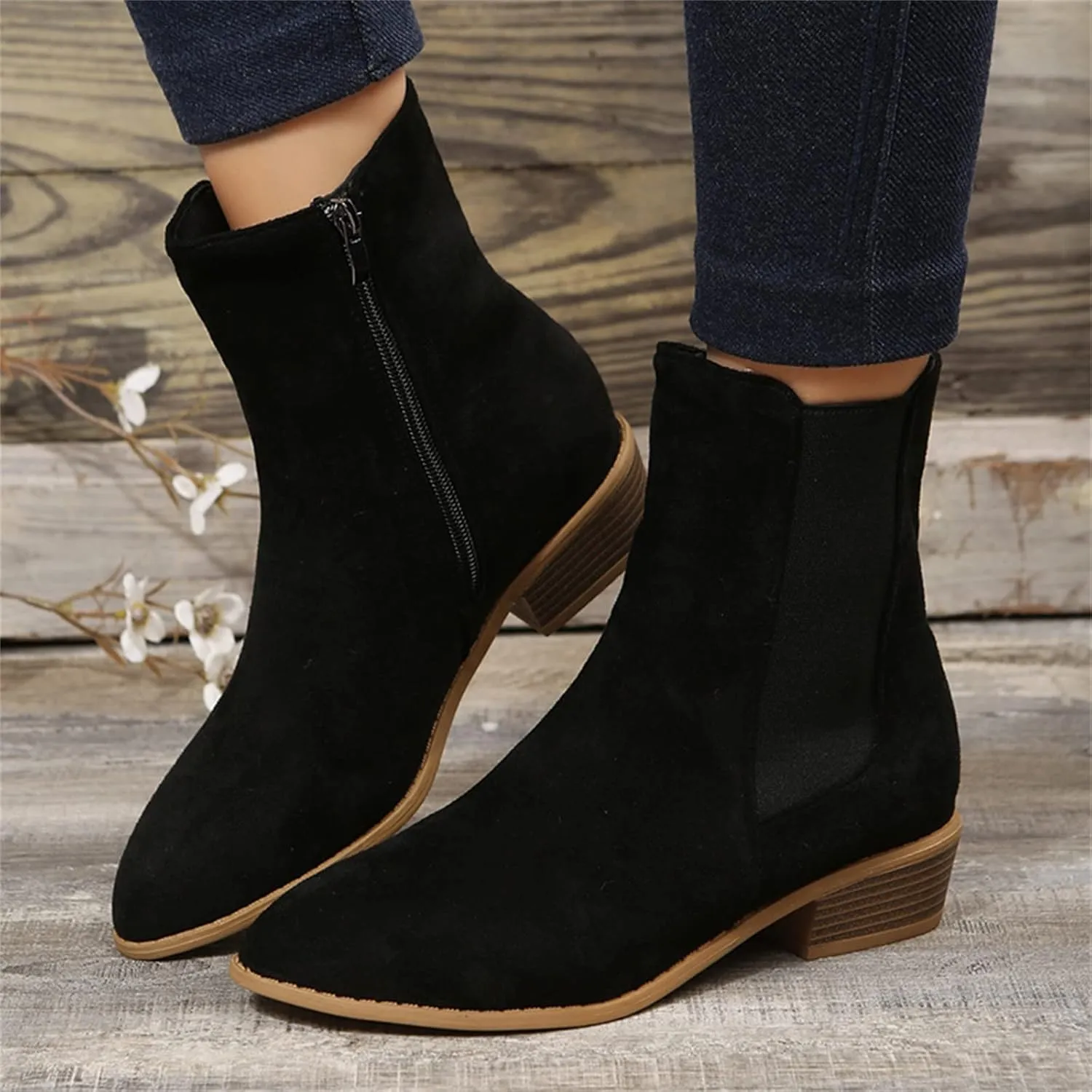 Boots for Women Retro Elastic Chelsea Ankle Boots Fashion Low Chunky Block Heel Pointed Toe Fall Booties