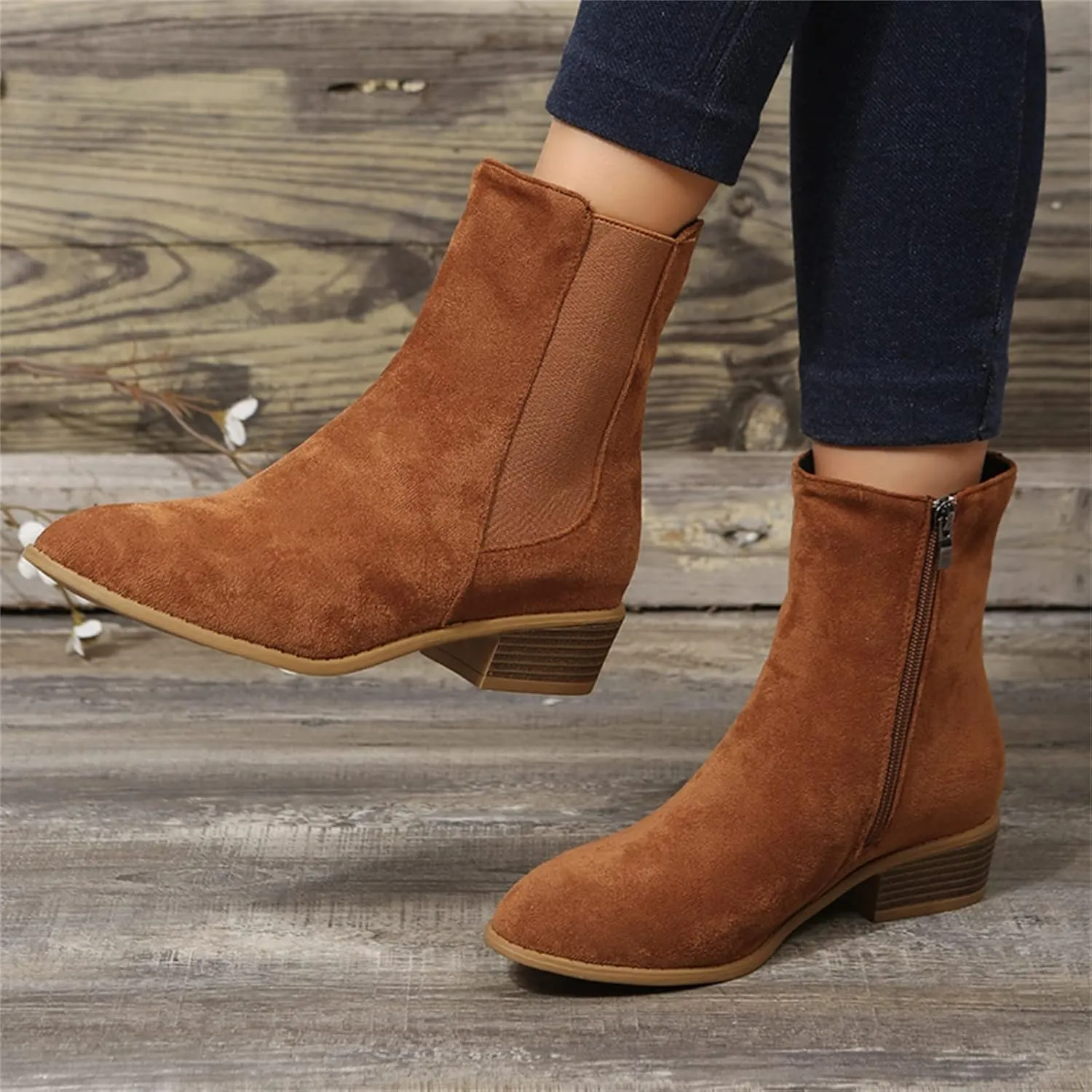Boots for Women Retro Elastic Chelsea Ankle Boots Fashion Low Chunky Block Heel Pointed Toe Fall Booties