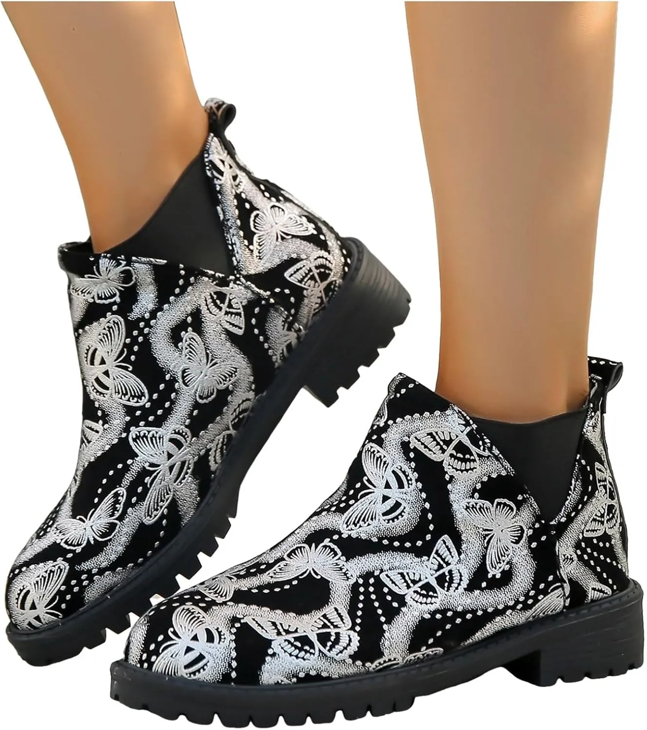 Boots for Women Retro Prints Low Heel Chelsea Ankle Boots Fashion Slip On Elastic Fall Booties Shoes