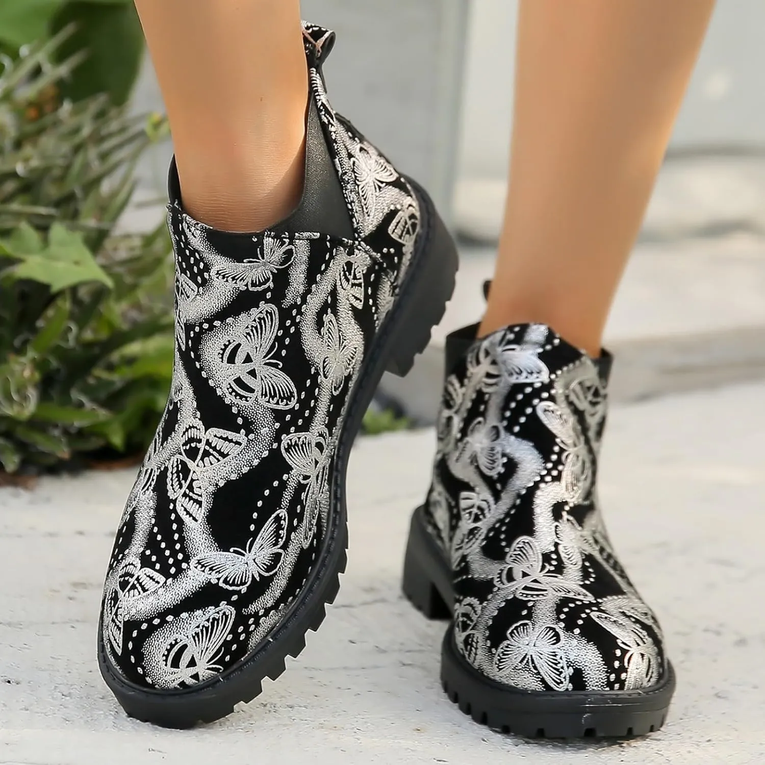 Boots for Women Retro Prints Low Heel Chelsea Ankle Boots Fashion Slip On Elastic Fall Booties Shoes