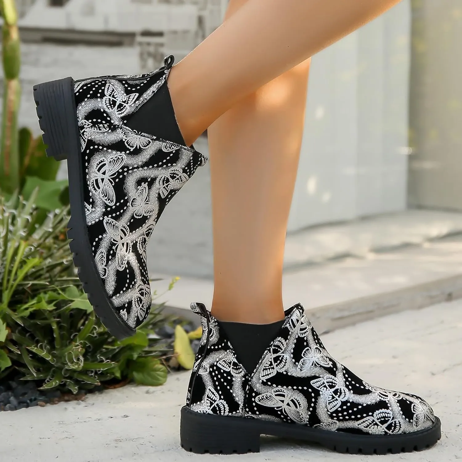 Boots for Women Retro Prints Low Heel Chelsea Ankle Boots Fashion Slip On Elastic Fall Booties Shoes