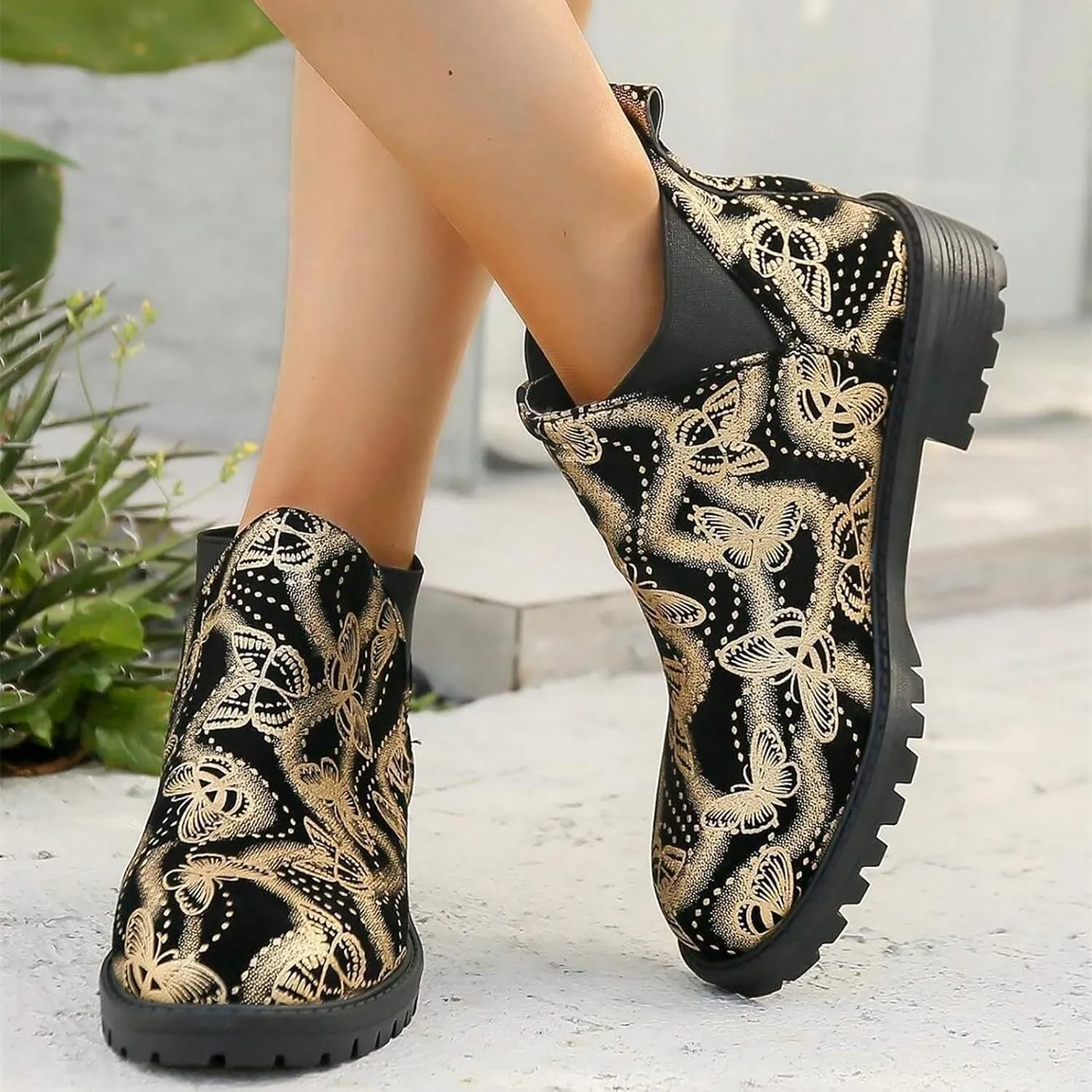 Boots for Women Retro Prints Low Heel Chelsea Ankle Boots Fashion Slip On Elastic Fall Booties Shoes